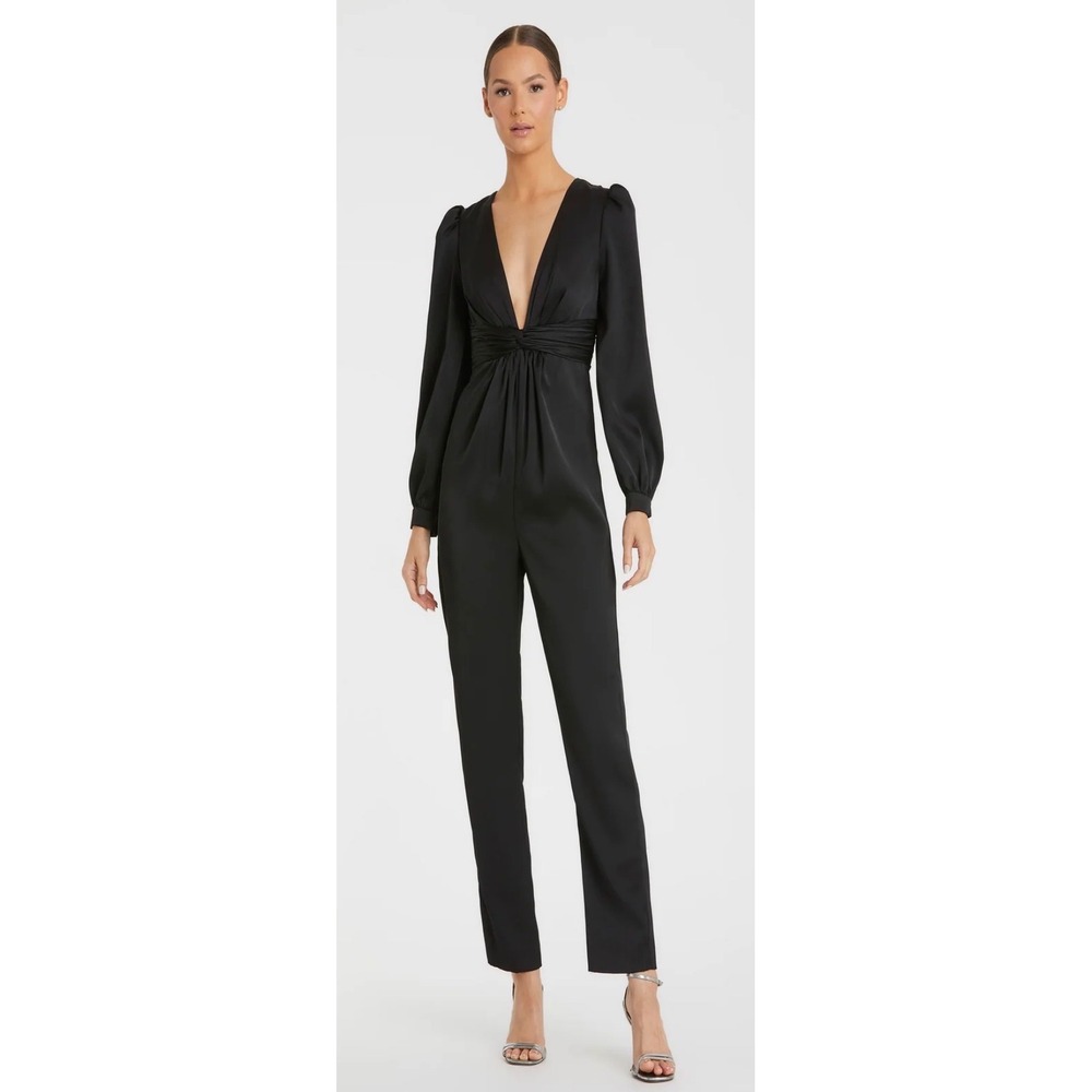 IEENA for Mac Duggal Black Satin Puff Sleeve V-Neck Jumpsuit A2647 Size 2 NWT